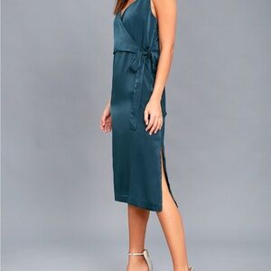 Lulus Fall in Love Teal Blue Satin Midi Wrap Dress